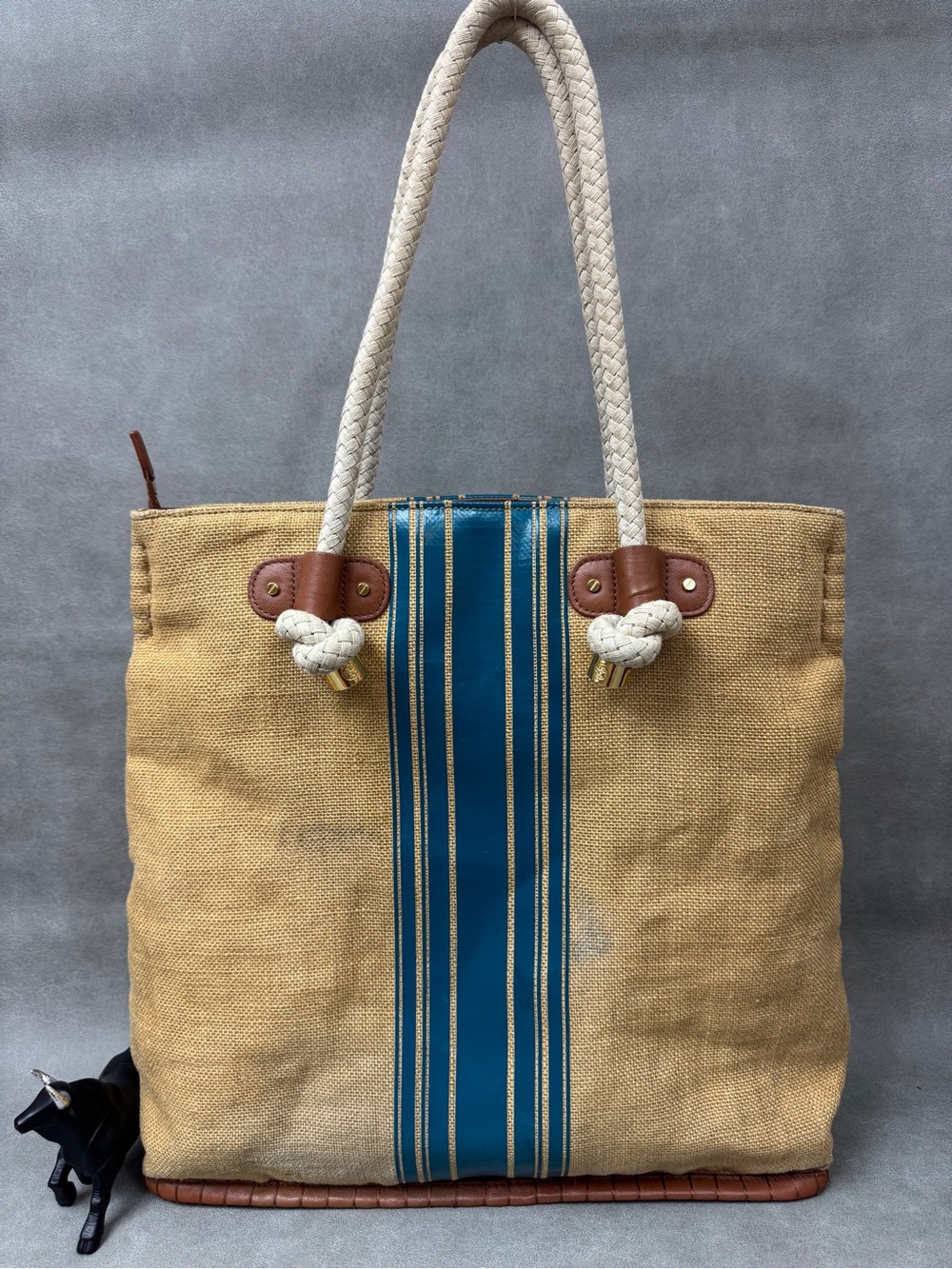 Tory Burch Tan Canvas Tote with Blue Stripe and White Rope Handles - Picture 6 of 16